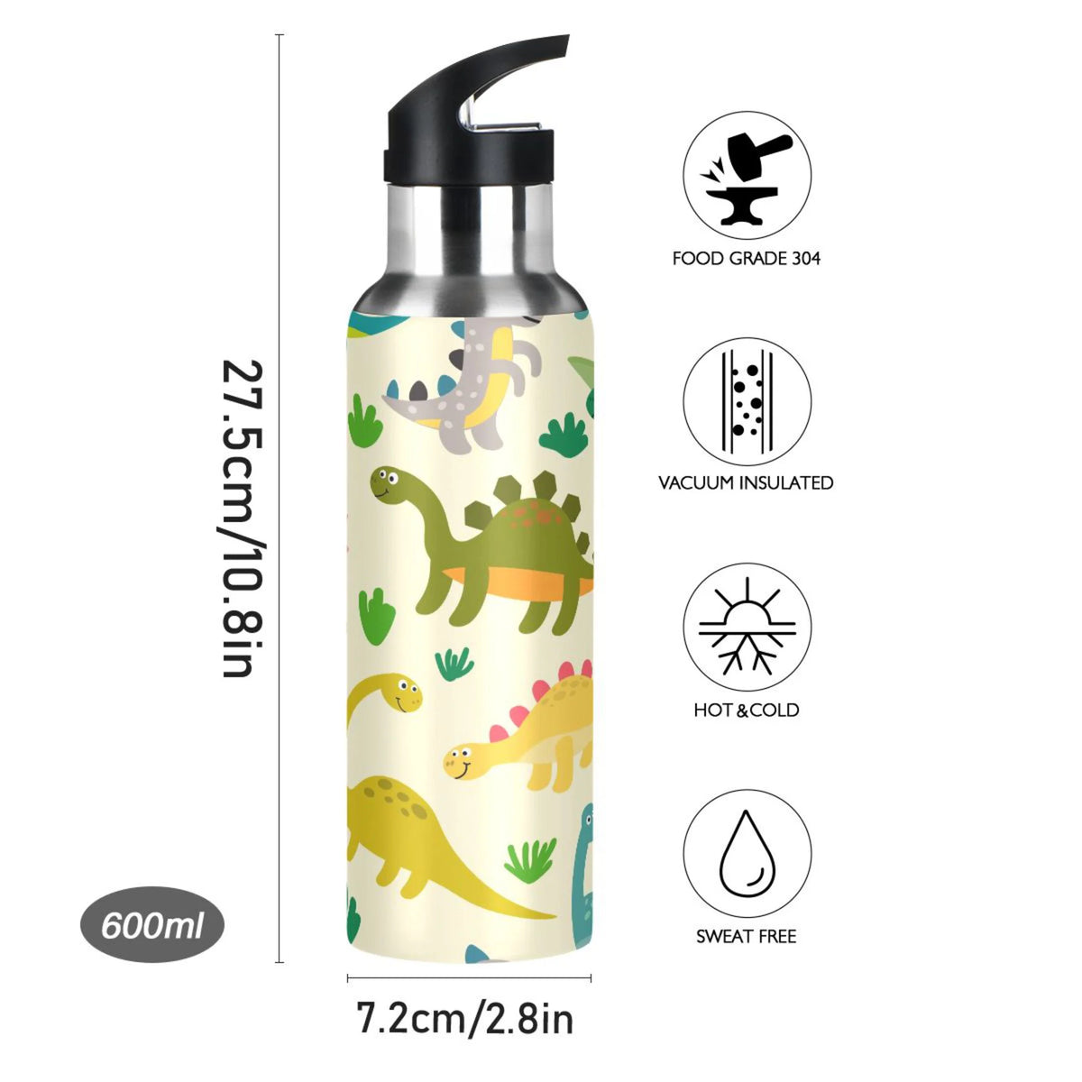 Green Dinosaurs Stainless Steel Insulated Water Bottle with Straw Lid G4830