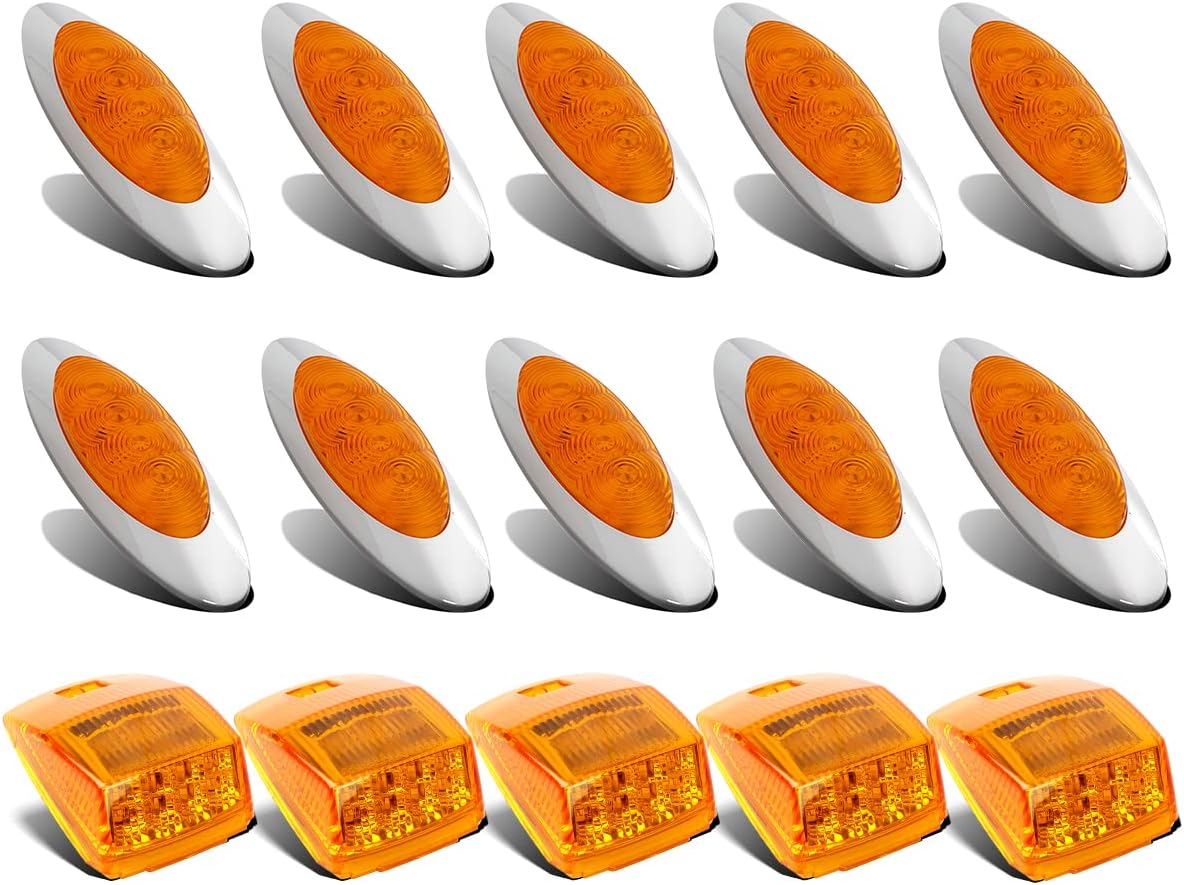 10Pcs Amber LED Side Marker Lights Chrome Surface Mount with Bullet Plugs G543001