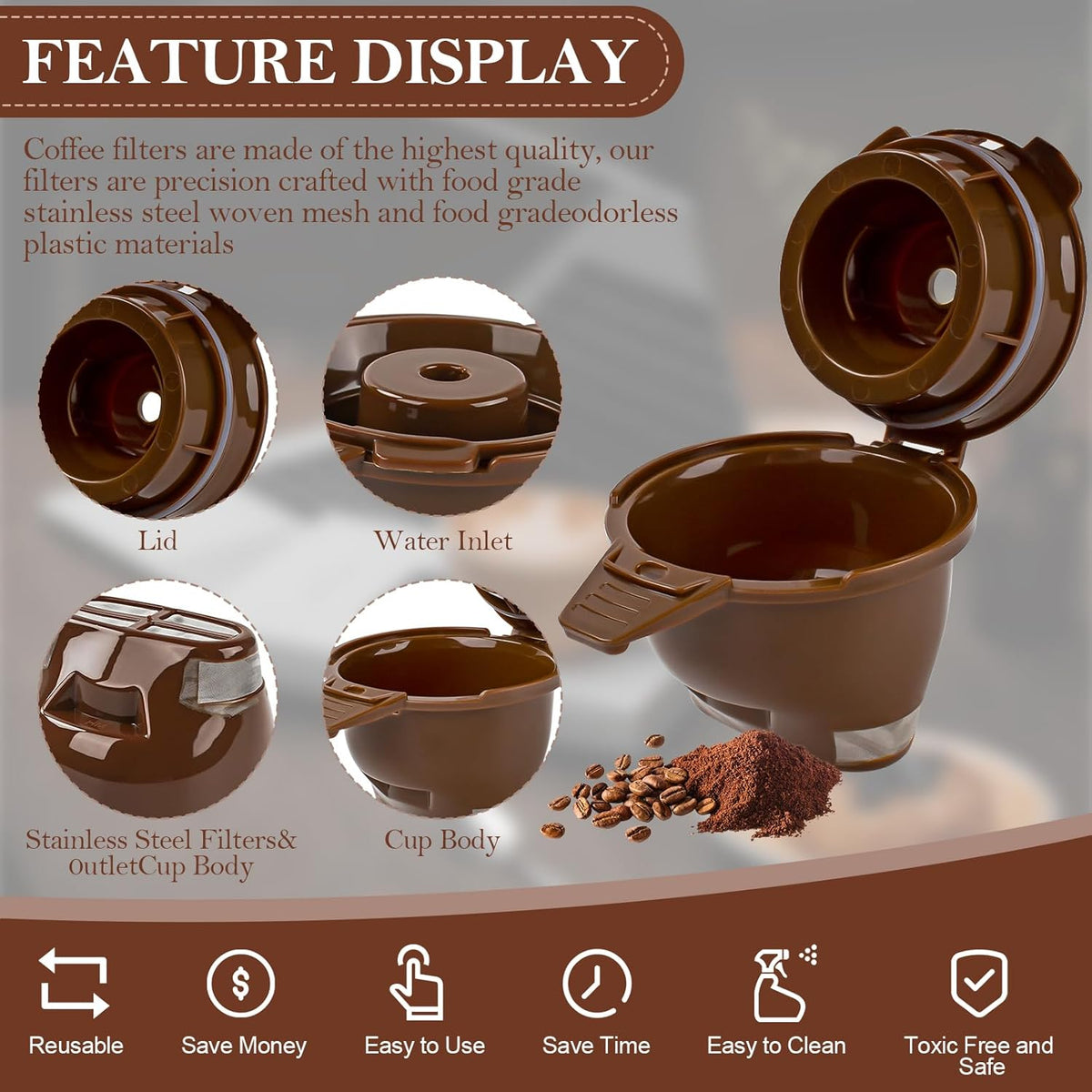 Single Serve Ground Coffee Brew Basket Reusable Coffee Filter Brown (2 Pack) L515546