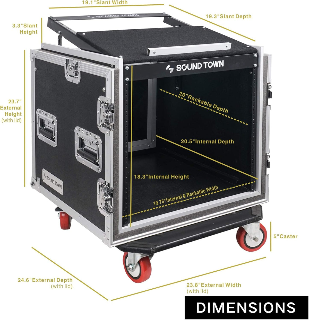10U ATA Rack Case with 11U Slant Mixer Top and Casters A383